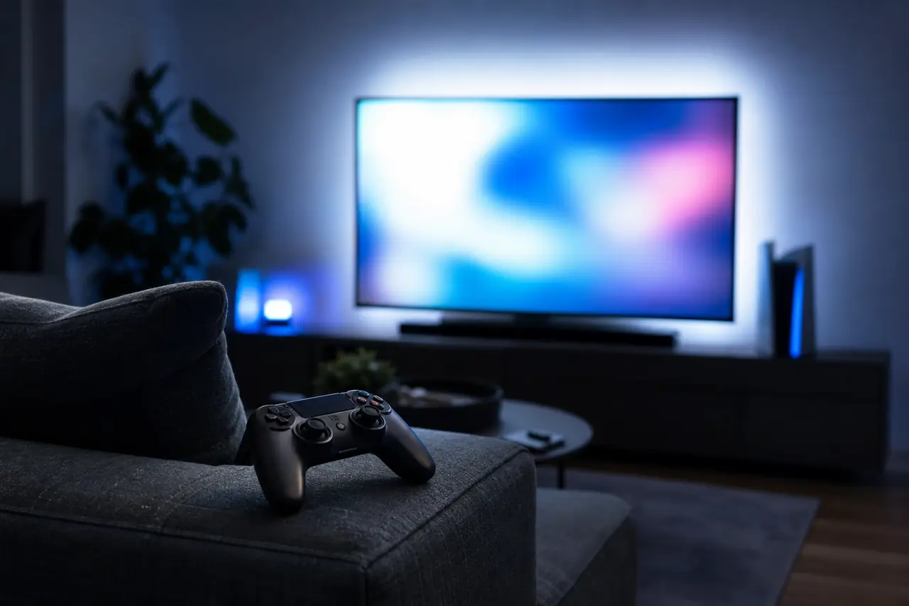 A living room at night, a controller resting on the couch arm.