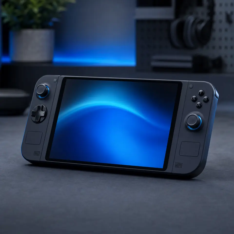 A handheld gaming PC resting on a slate surface.