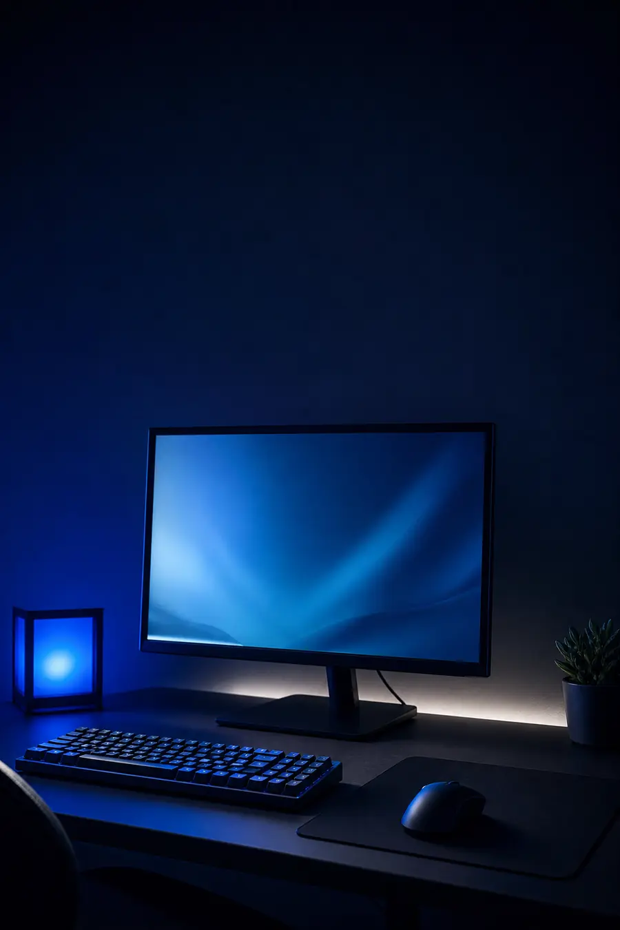 A gaming desk at night, lit by the monitor’s blue glow.