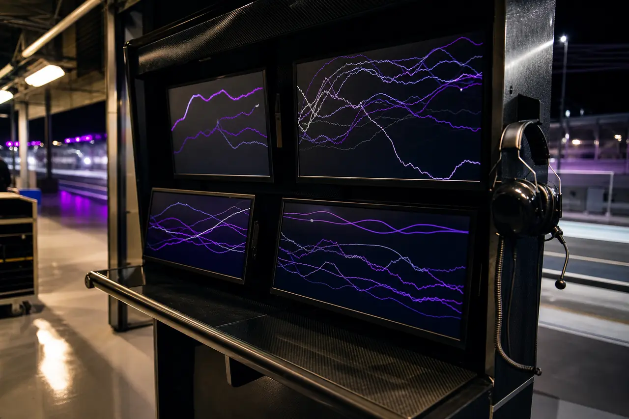A pit-wall stand of screens showing abstract traces, a headset hanging beside them.