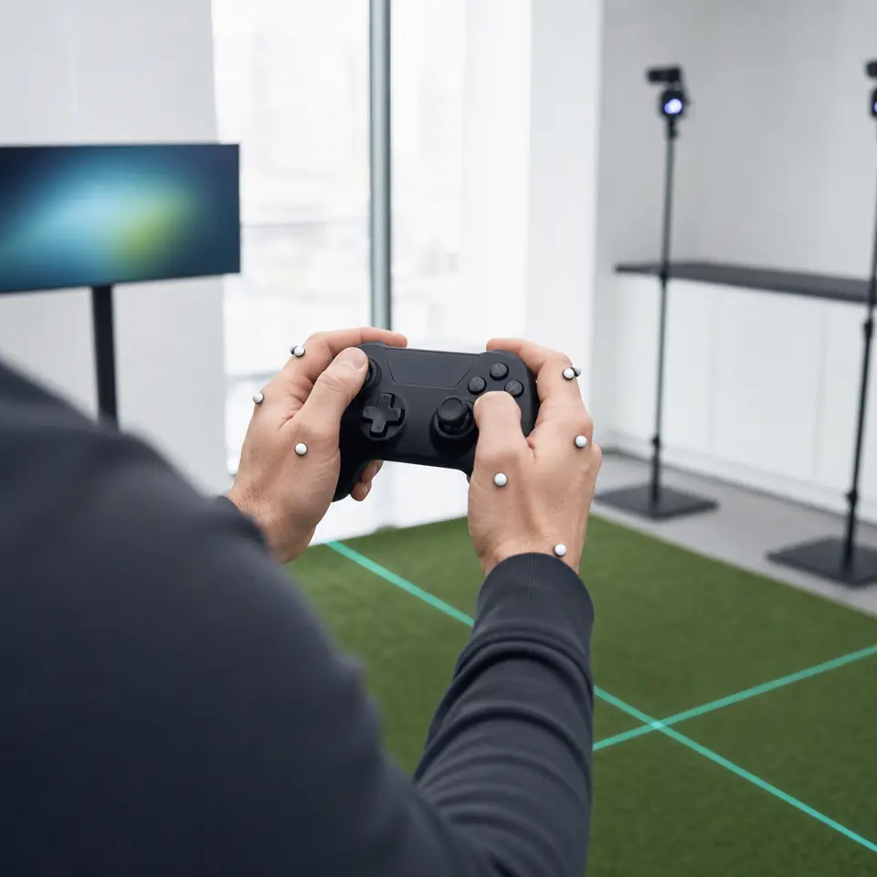 Hands holding a controller, with small white calibration markers on the knuckles.