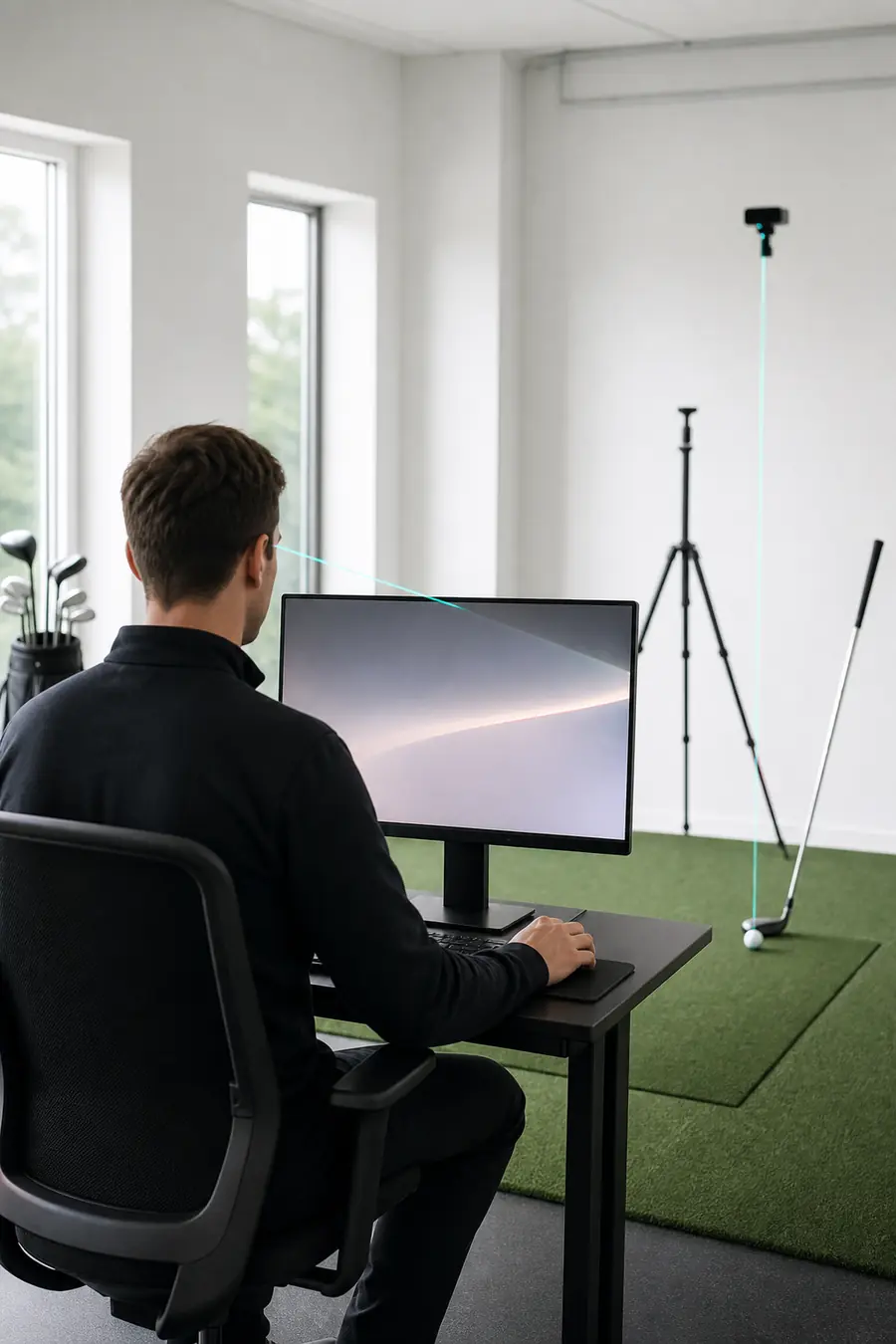 A player seated at a desk, a laser line marking eye level to the top of the monitor.
