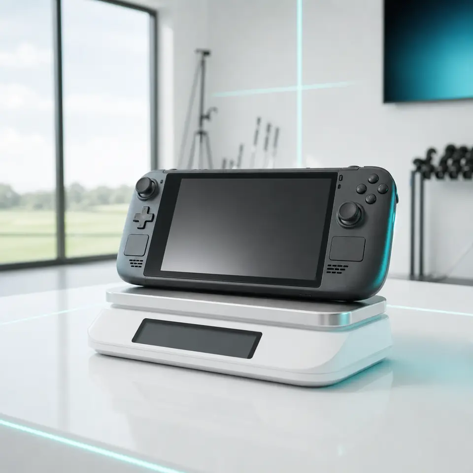A handheld gaming PC sitting on a lab scale.