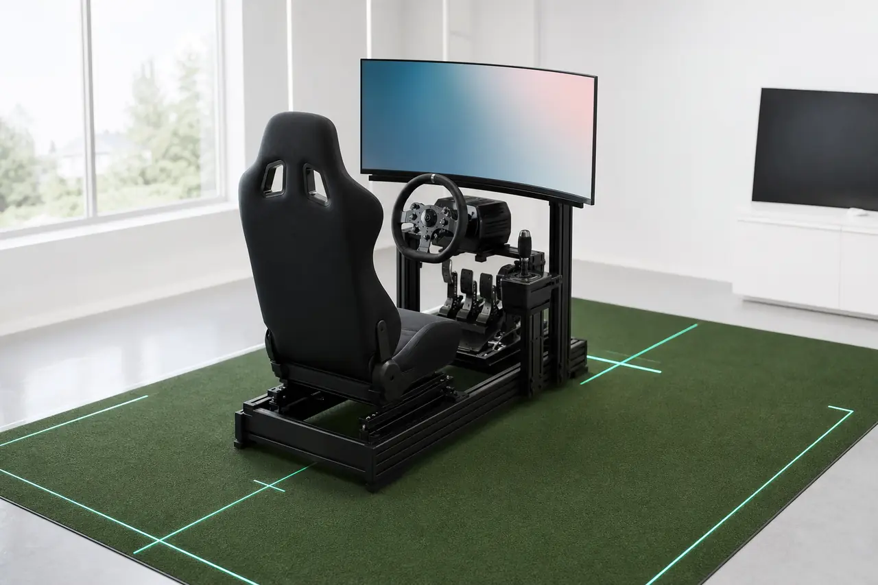 A sim racing rig on a turf-green mat in a white studio.