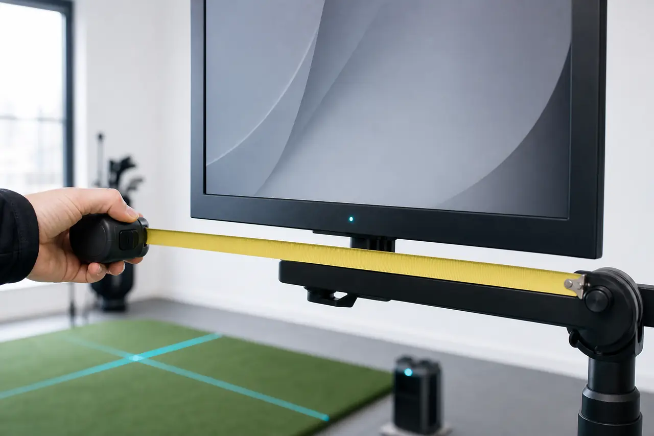 A tape measure extended along a monitor arm in a bright studio.