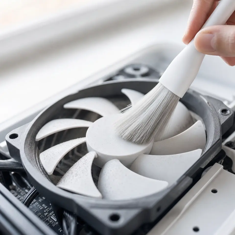 A soft brush cleaning dust from a PC fan.