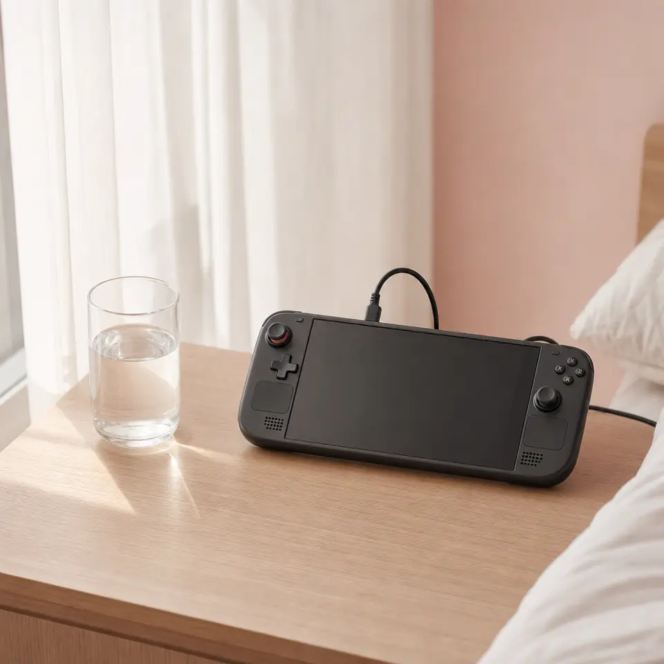 A handheld gaming PC charging on a bedside table in morning light.