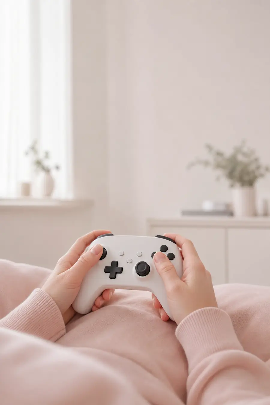 Hands resting on a game controller in soft morning light.