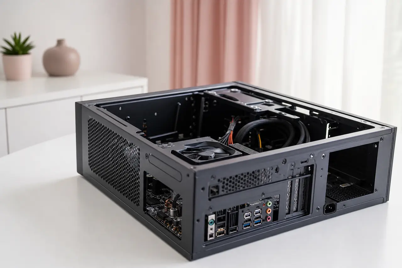 A desktop PC with its side panel off on a clean white table.