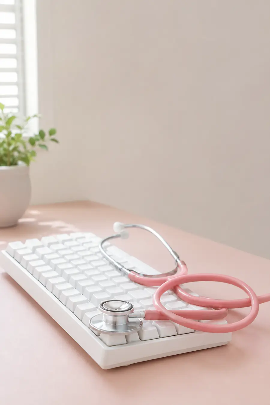 A stethoscope resting across a keyboard on a pale desk.