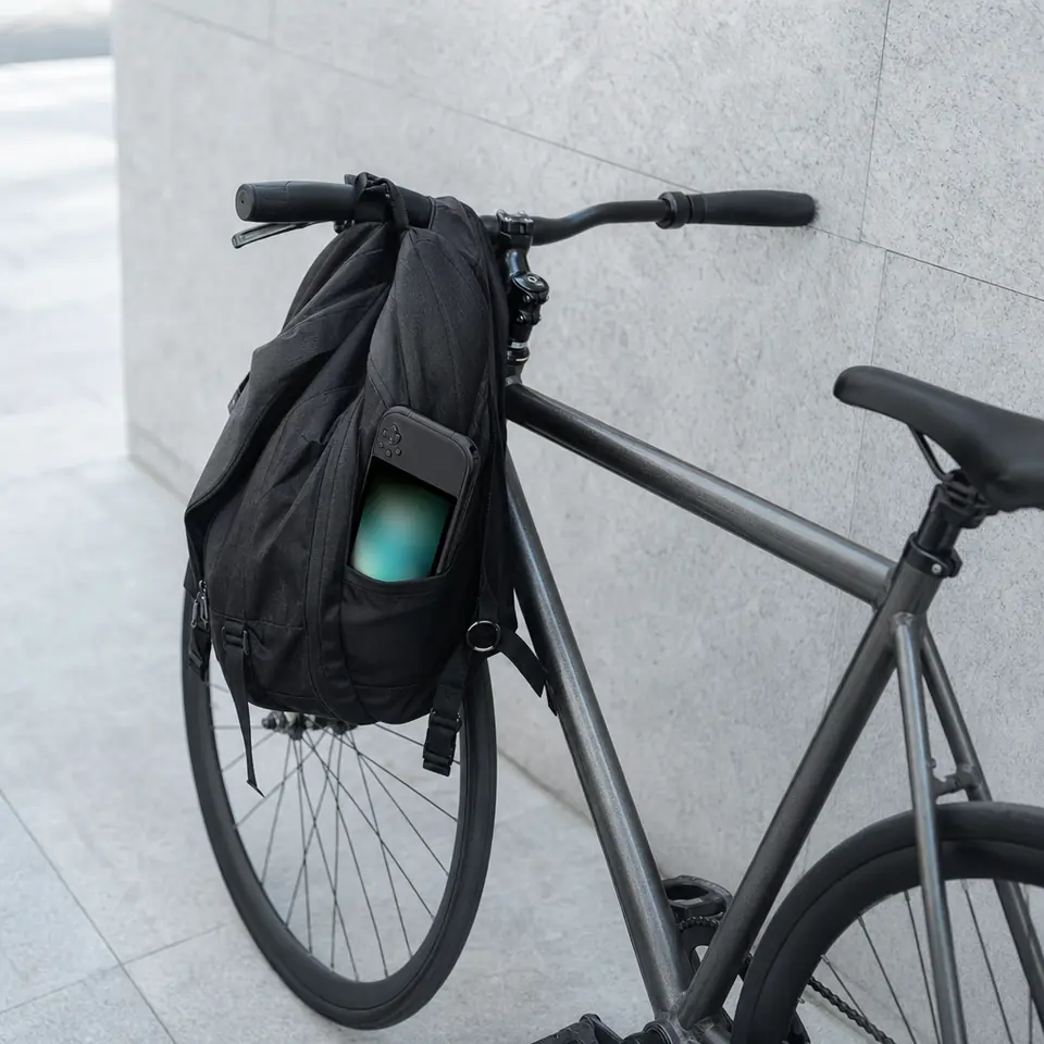 A bicycle with a backpack on the handlebar, a handheld gaming PC in its pocket.