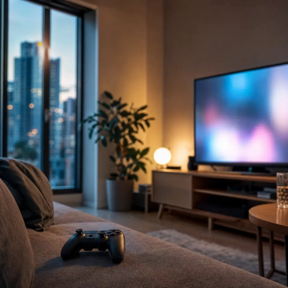 A compact city apartment with a controller on the sofa.