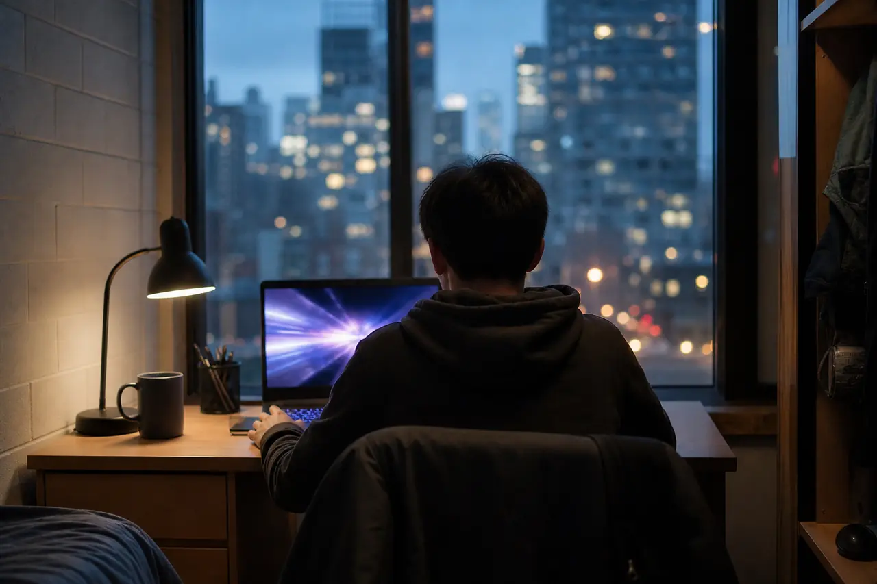 A small dorm desk with a gaming laptop and a lamp at dusk.