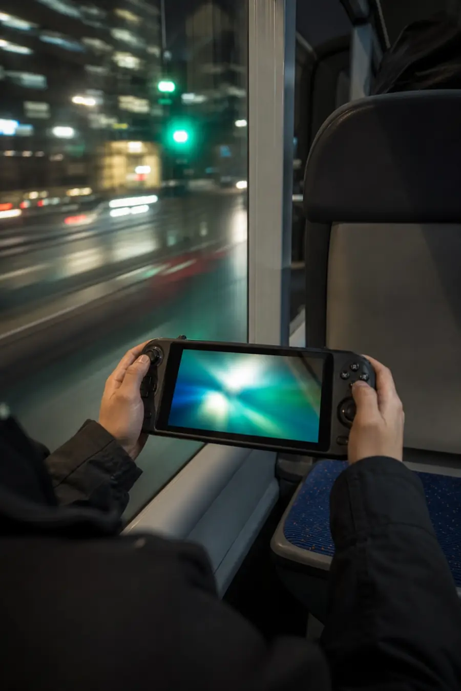 Hands holding a handheld gaming PC by a bus window at night.