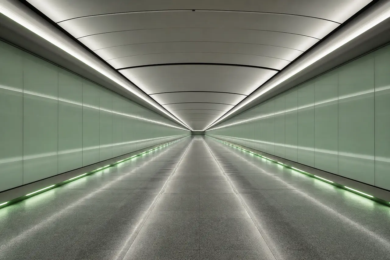 A long, clean transfer corridor in a modern metro station.