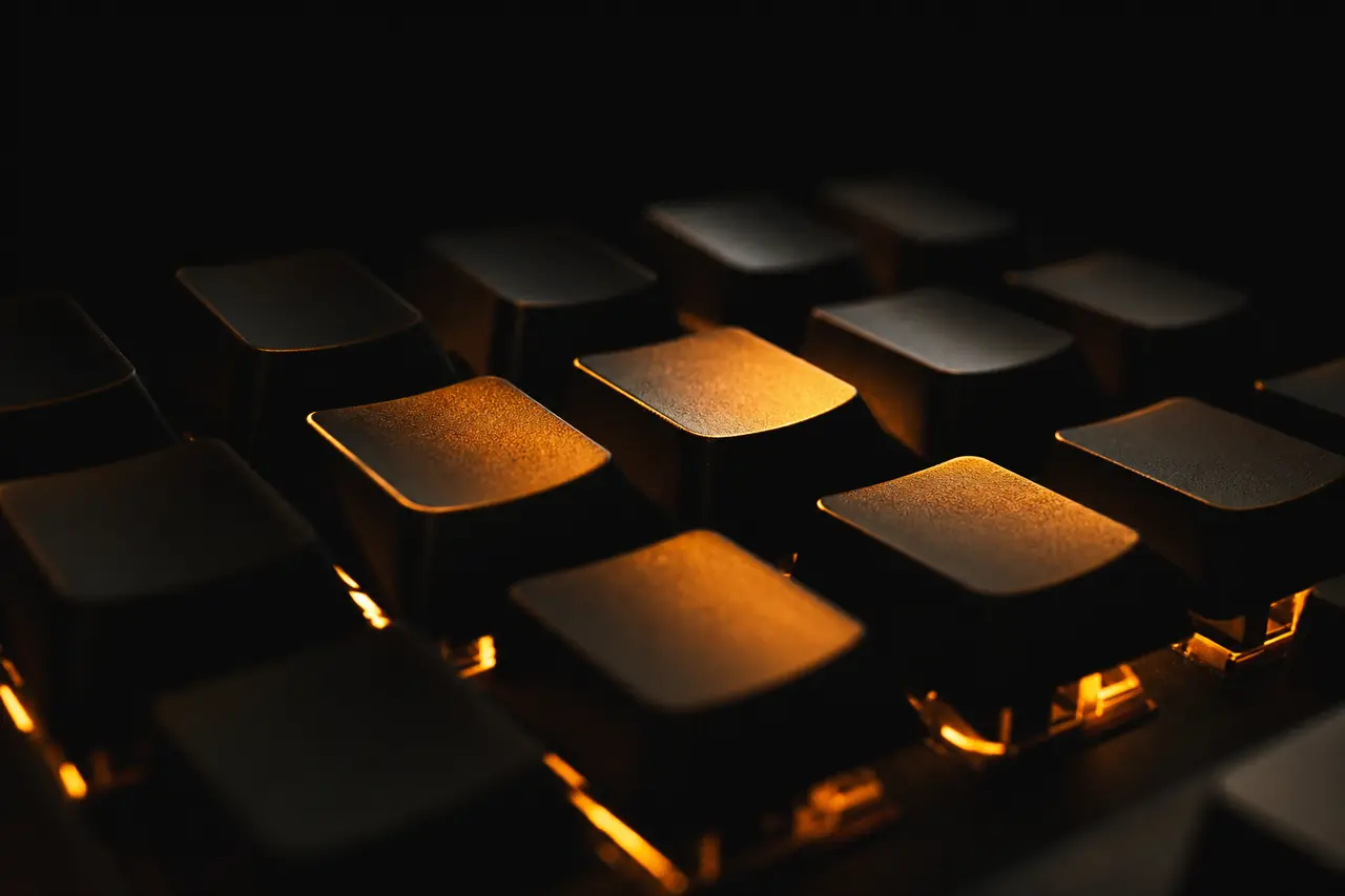 Close-up of a keyboard with warm amber backlighting.