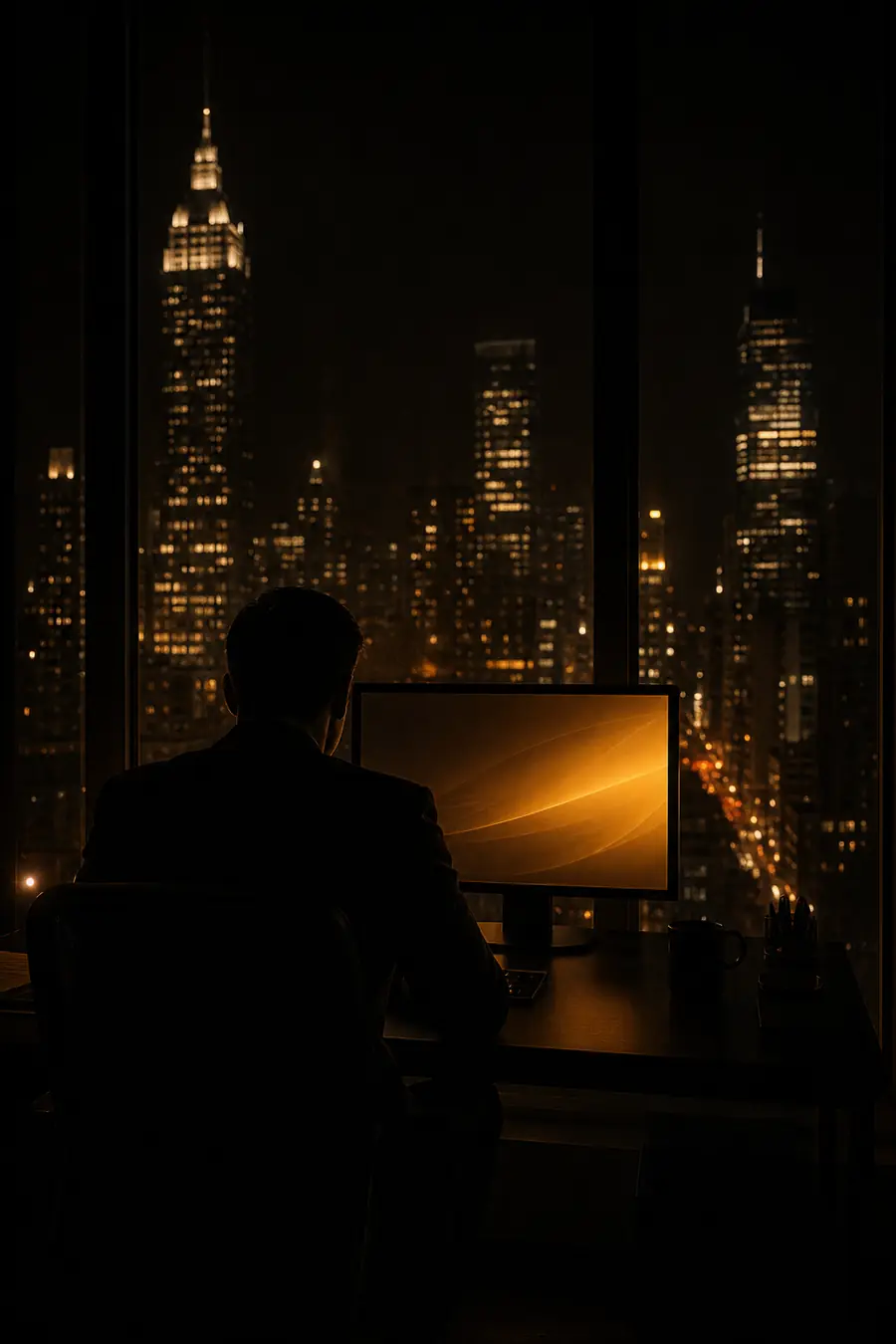 A night skyline through a tall window behind a dark desk.