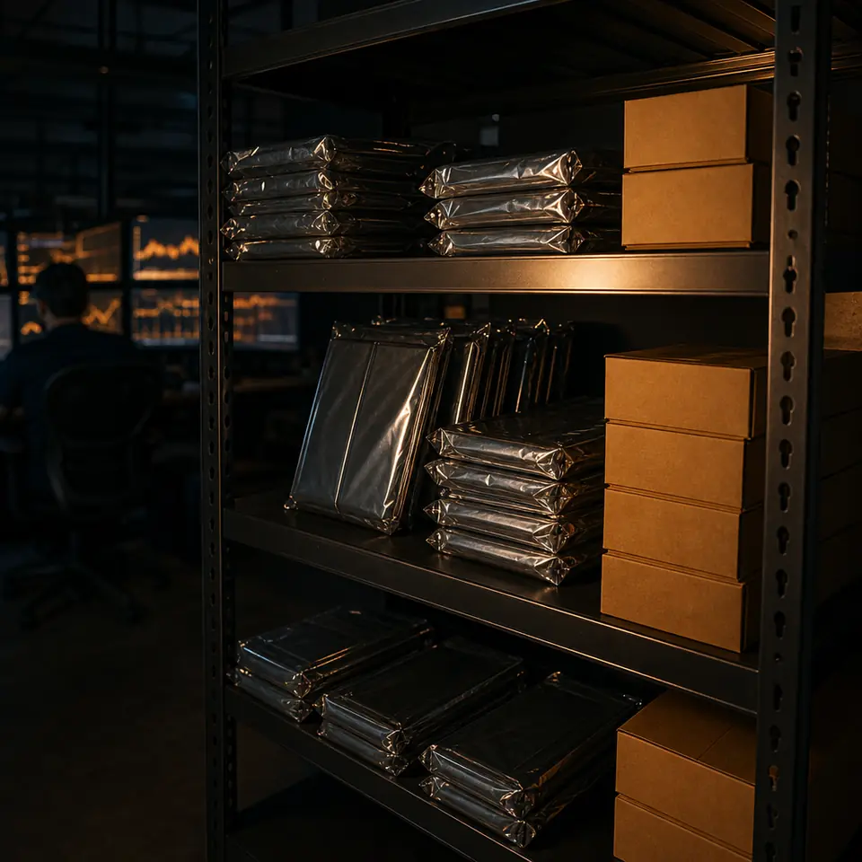 A shelf of computer components in plain bags and boxes under amber light.