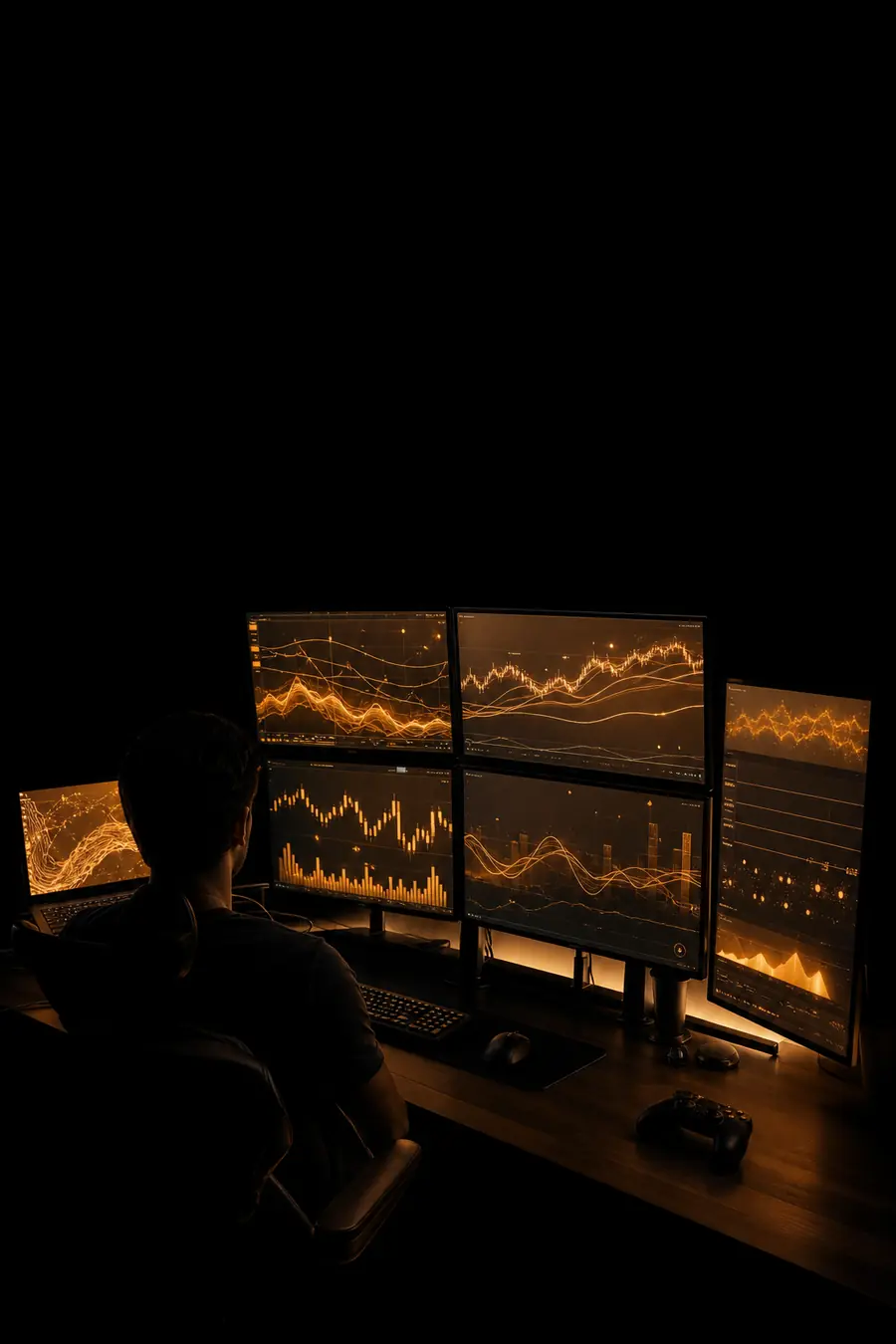 A multi-monitor desk glowing amber at night.
