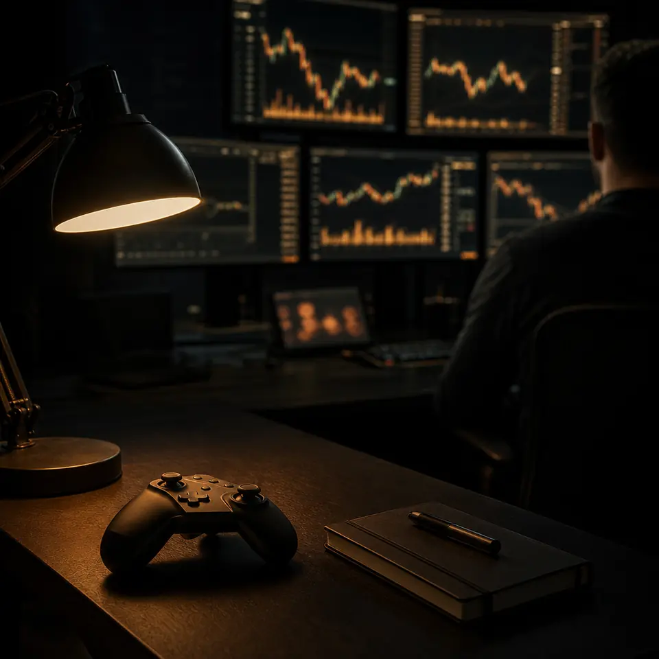 A desk lamp casting amber light on a controller and a notebook.