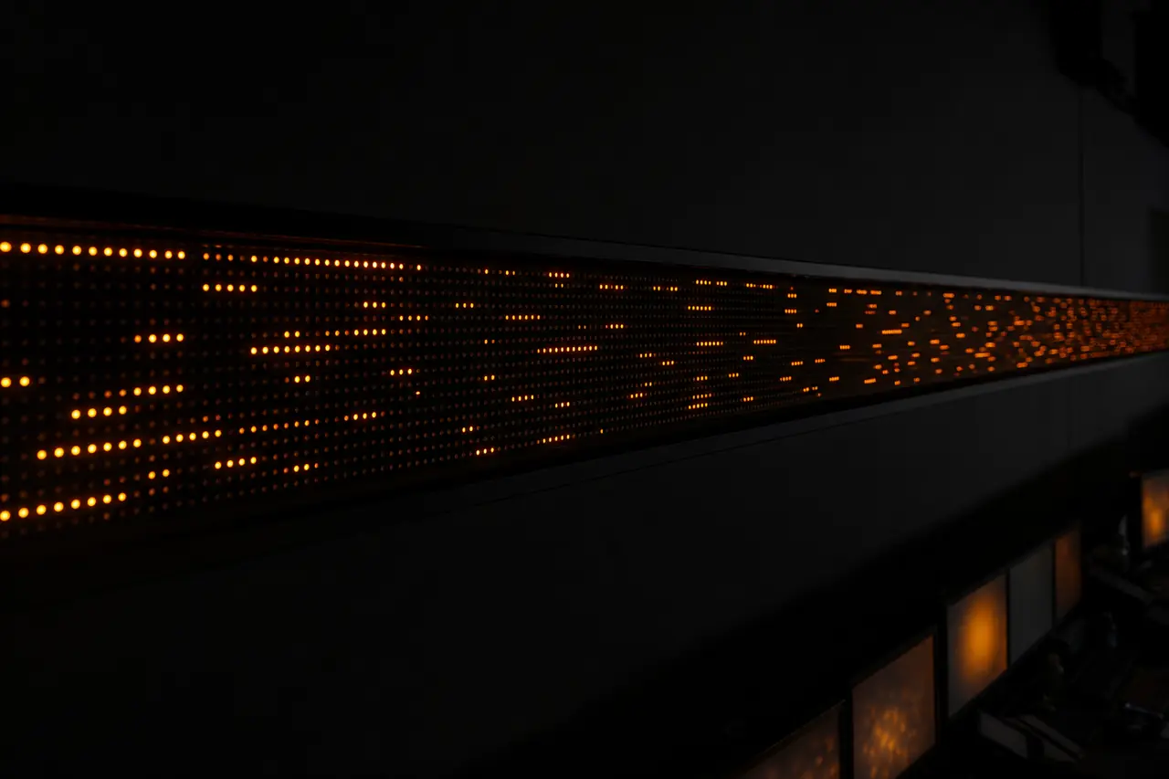 A thin LED strip glowing amber across a dark wall.