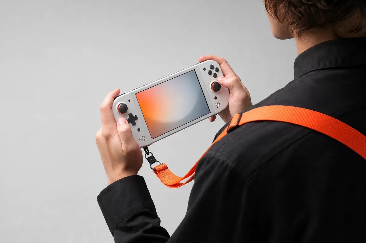 Hands holding a handheld gaming PC like an instrument, with an orange strap.