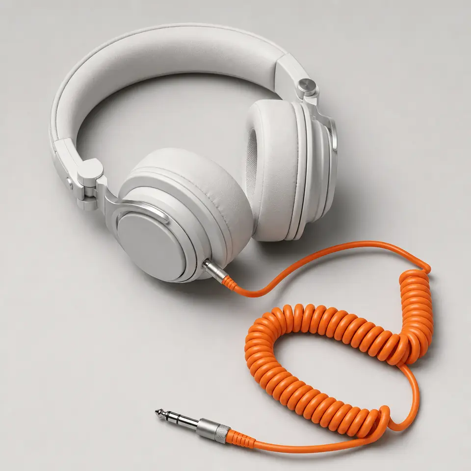 Studio headphones with an orange cable on light grey.