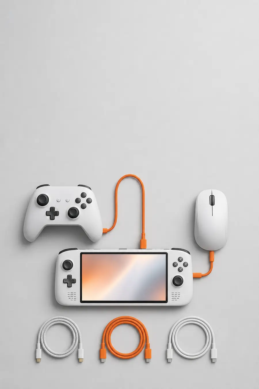 Gaming gear laid out in a grid on light grey with an orange cable.