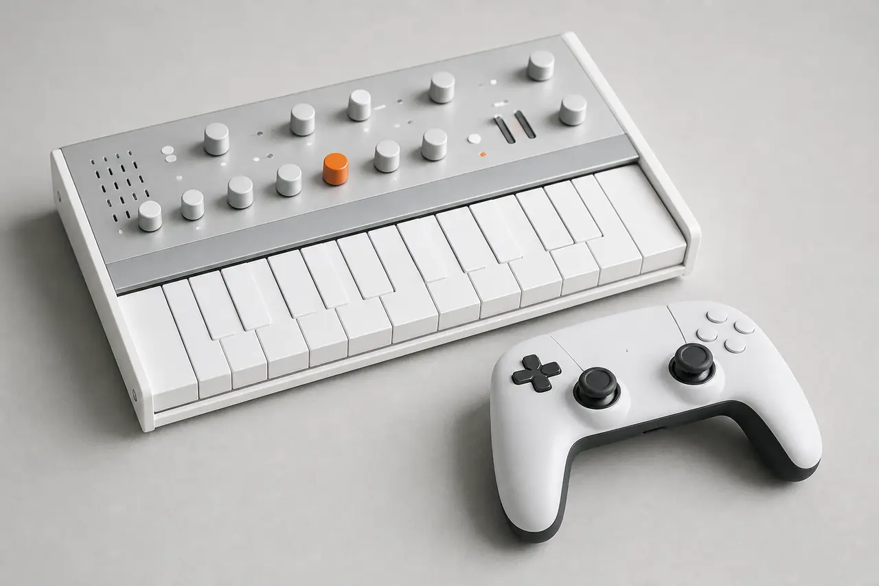 A small synthesizer next to a game controller on a light grey desk.
